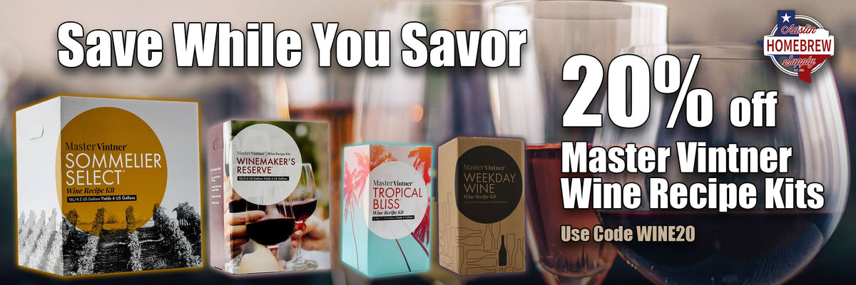 Save 20% on Master Vintner wine recipe kits when you enter code WINE20 at checkout.