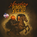Halloween-themed beer label with a person in a pumpkin costume riding a horse, holding an amber beer.