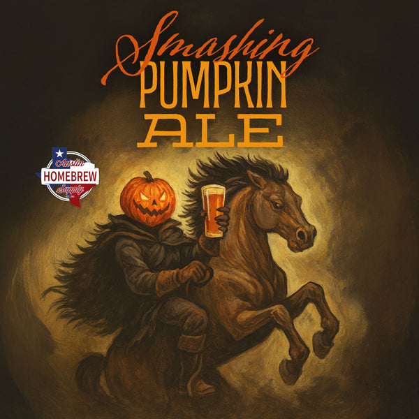 Halloween-themed beer label with a person in a pumpkin costume riding a horse, holding an amber beer.