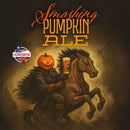 Halloween-themed beer label with a person in a pumpkin costume riding a horse, holding a beer.