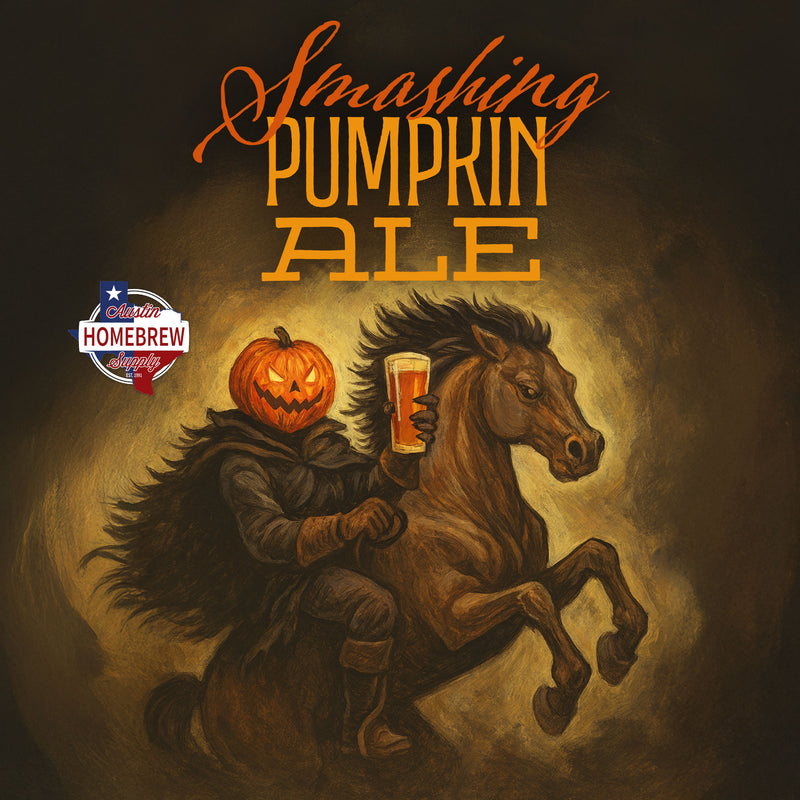 Halloween-themed beer label with a person in a pumpkin costume riding a horse, holding an amber beer.