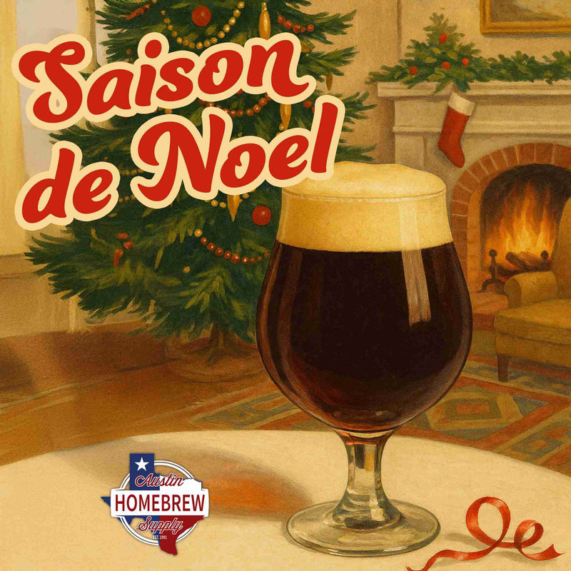 Glass of dark beer with 'Saison de Noel' text and Christmas tree in background