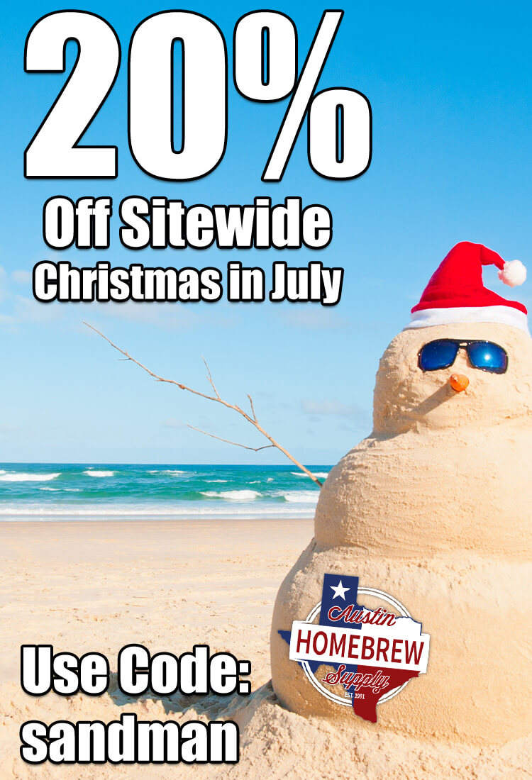 Sandman with sunglasses and a Santa hat on a beach, with promotional text for a sale.