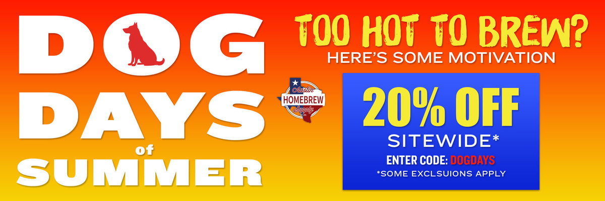 Promotional banner for 'Dog Days of Summer' with a discount offer on an orange and yellow background.
