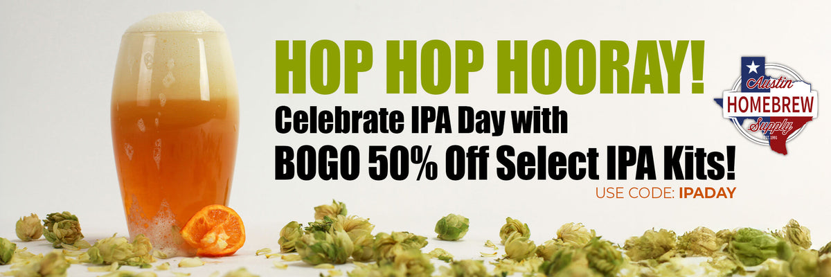 Promotional banner for IPA Day with a glass of beer and hops, featuring a discount offer.