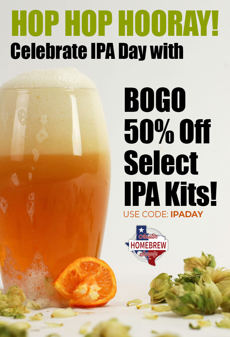 Promotional image for IPA Day with a glass of beer, hops, and an orange slice, featuring text about a BOGO offer.