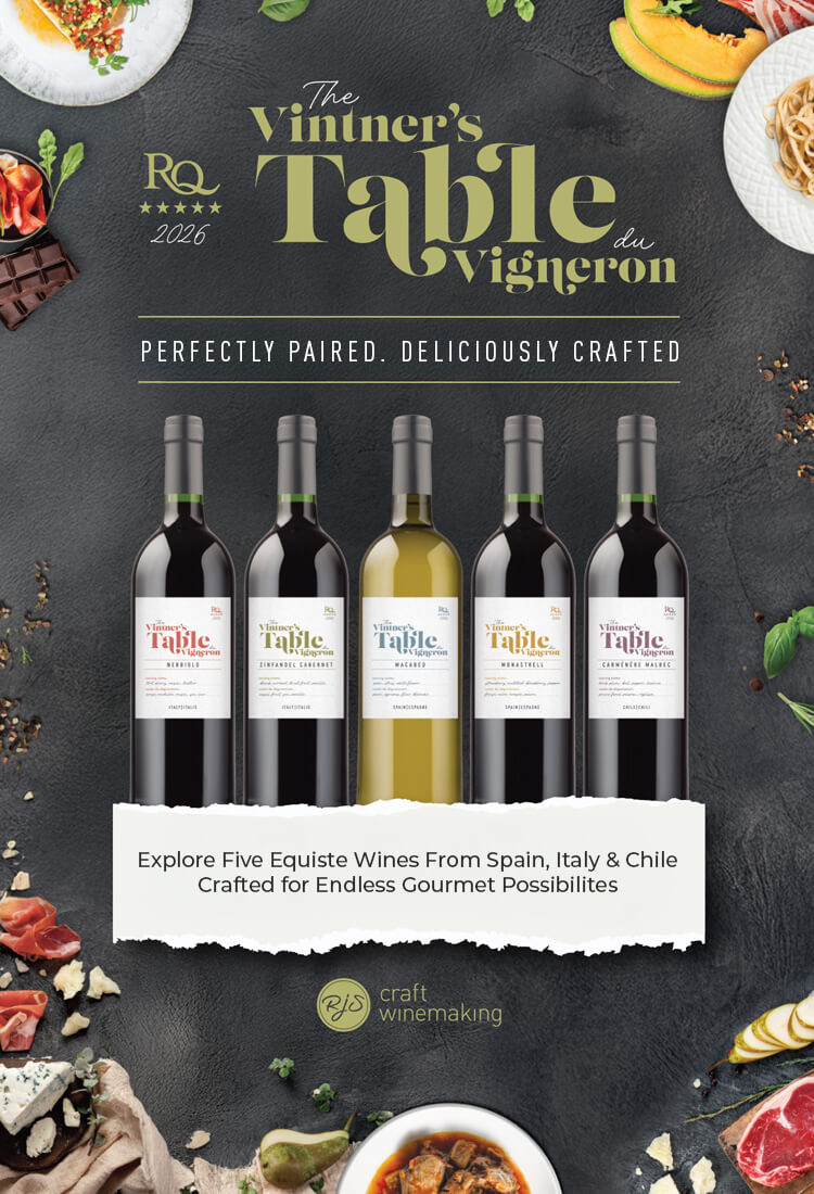 Promotional poster for 'The Vintner's Table' featuring wine bottles and food items.