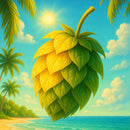 Large yellow and green leafy fruit with a tropical beach background