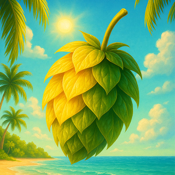 Large yellow and green leafy fruit with a tropical beach background