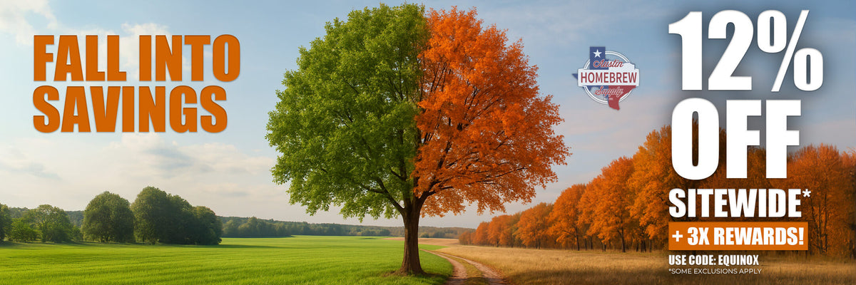 Promotional banner with trees changing colors, 'Fall into Savings' text, and Homebrew logo.