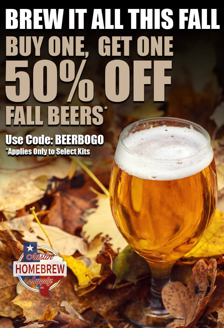 Promotional poster for fall beers with a glass of beer and autumn leaves, featuring a discount offer.