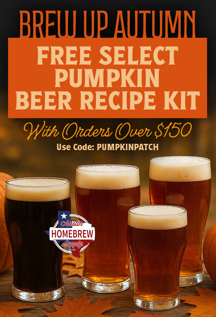 Promotional flyer for a pumpkin beer recipe kit with glasses of beer and pumpkins in the background.