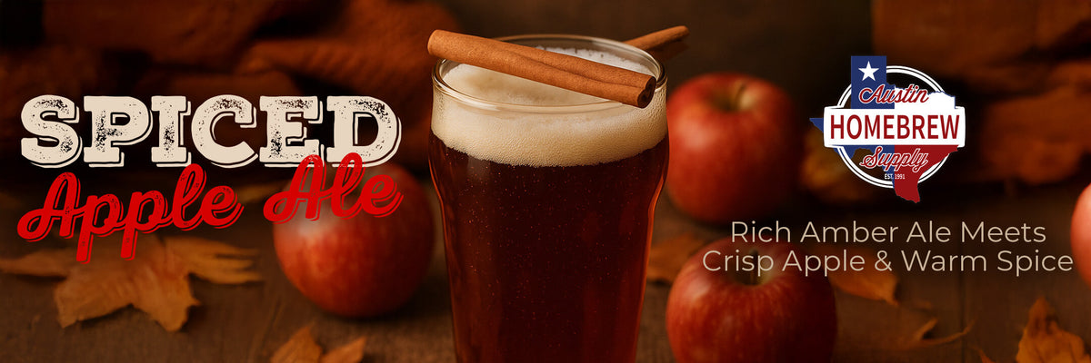 Spiced Apple Ale with cinnamon stick and apples on a dark background, featuring Homebrew logo.