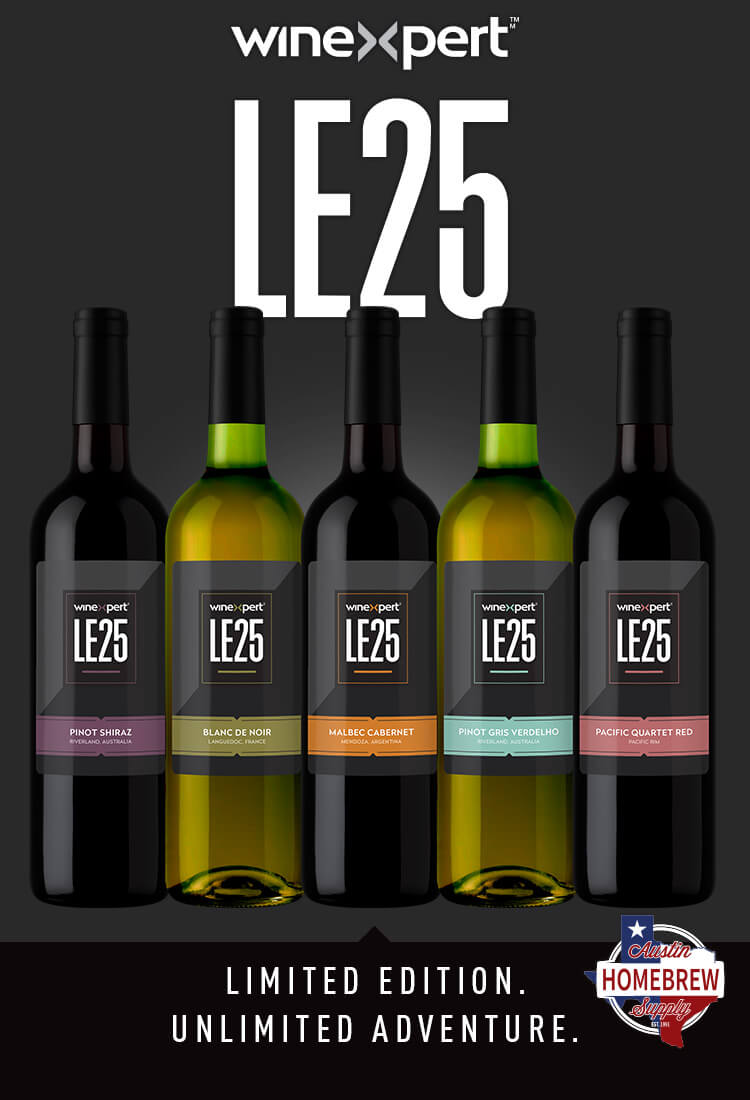 WineExpert LE25 wine bottles on a black background with branding and text.