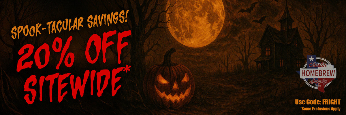 Halloween-themed promotional banner with pumpkin, full moon, and haunted house, featuring 20% off sitewide with code FRIGHT.