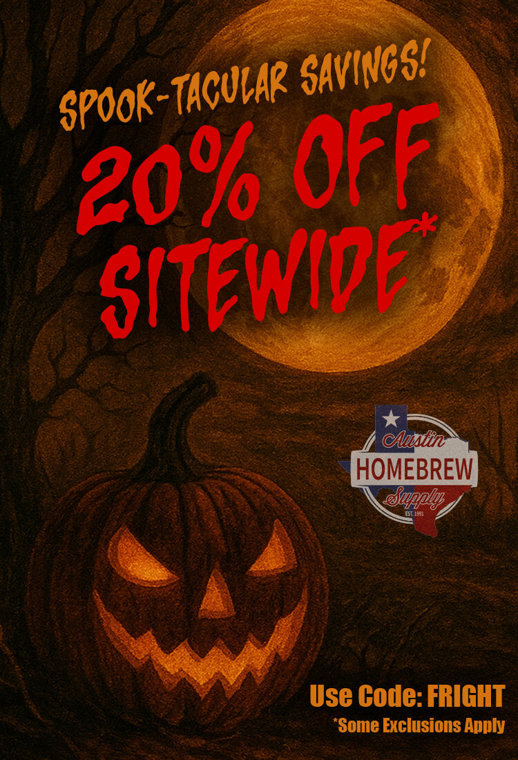 Halloween-themed promotional poster with pumpkin, moon, and Homebrew Supply logo featuring 20% off sitewide with code FRIGHT.