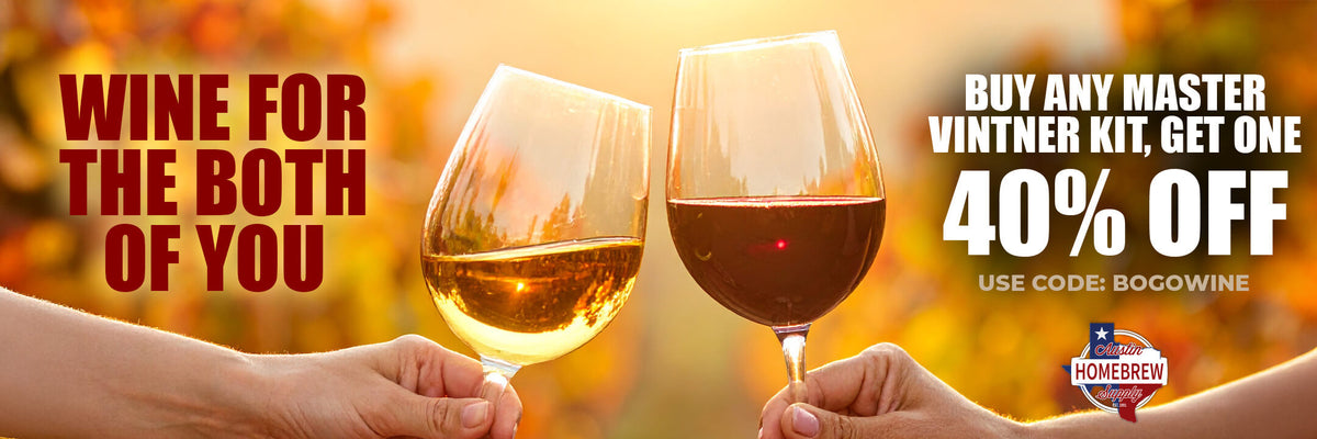 Two wine glasses held by hands with a promotional banner for Master Vintner kit offer.