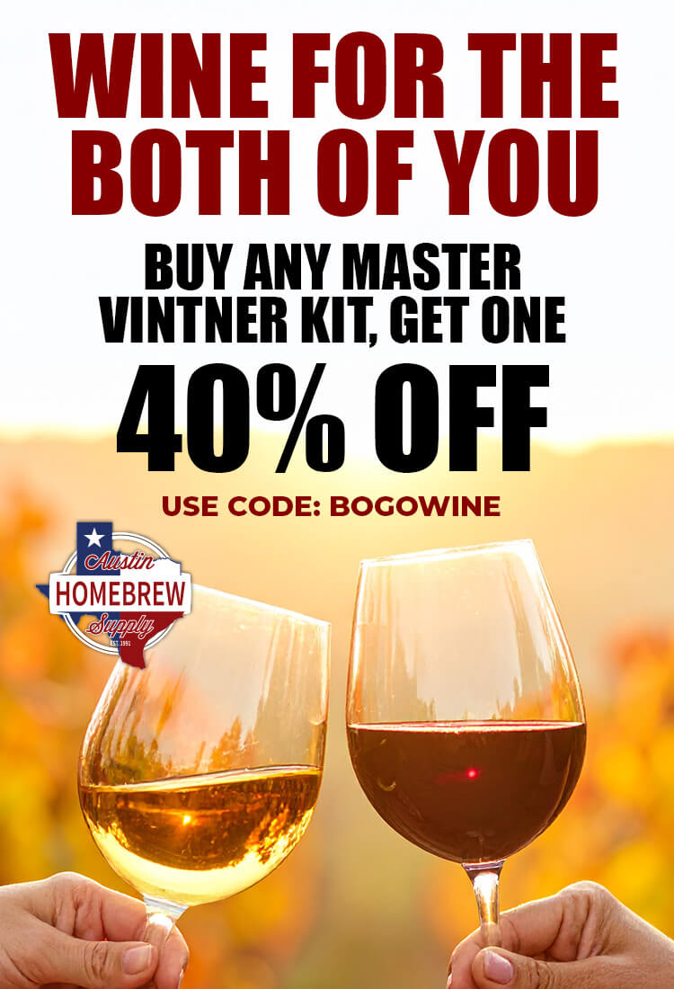 Promotional poster for Master Vintner wine kits with two wine glasses and a blurred background.