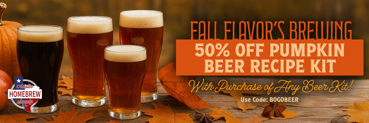 Four glasses of pumpkin beer with a promotional banner for a 50% off pumpkin beer recipe kit offer.