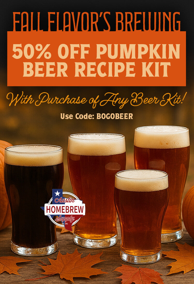 Promotional flyer for Fall Flavor's Brewing pumpkin beer recipe kit with glasses of beer and pumpkins.