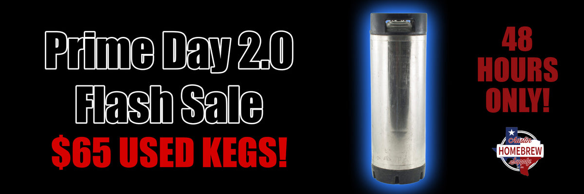 Promotional banner for Prime Day 2.0 Flash Sale with used kegs and a timer on a black background.