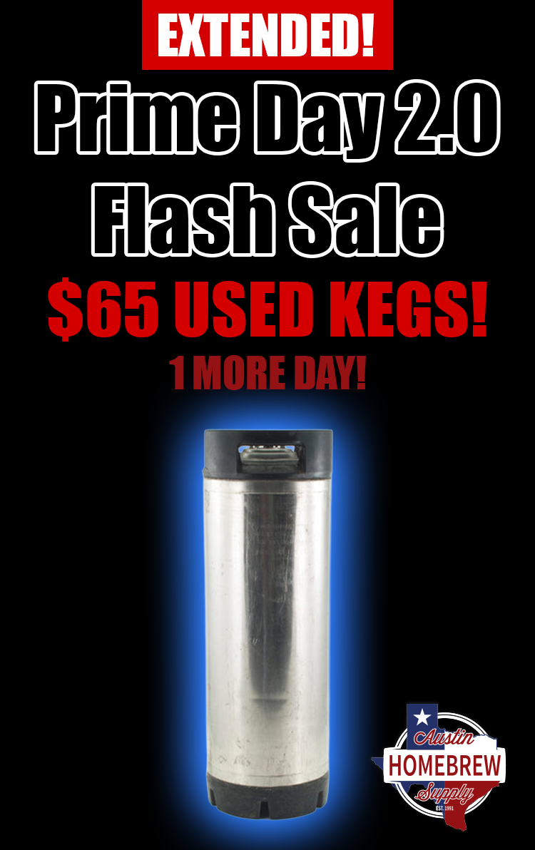 Promotional graphic for Prime Day 2.0 Extended Flash Sale with a used keg and Homebrew America logo.  1 More Day!