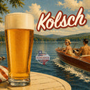 Two people in a boat on a lake in an illustrative style promoting Kolsch beer