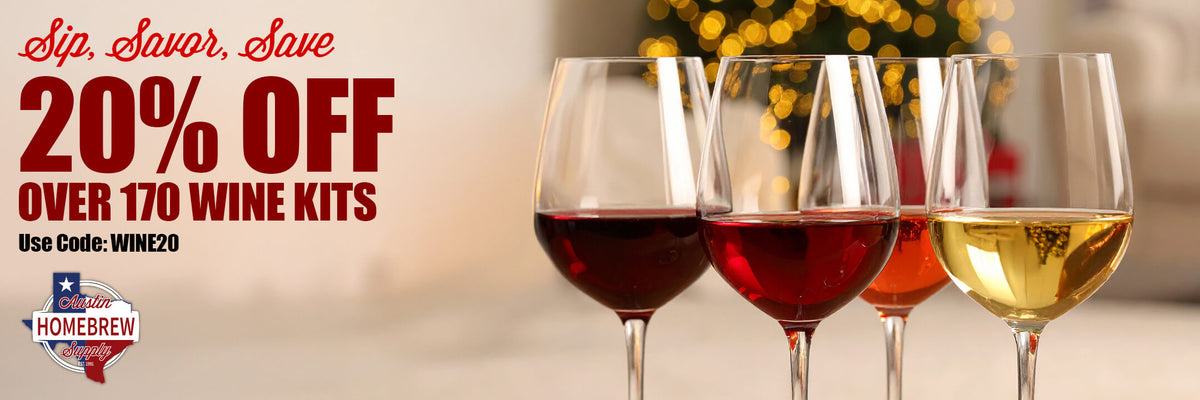 Wine glasses with red and white wine on a blurred background with promotional text for 20% off all wine recipe kits. Use code: WINE20