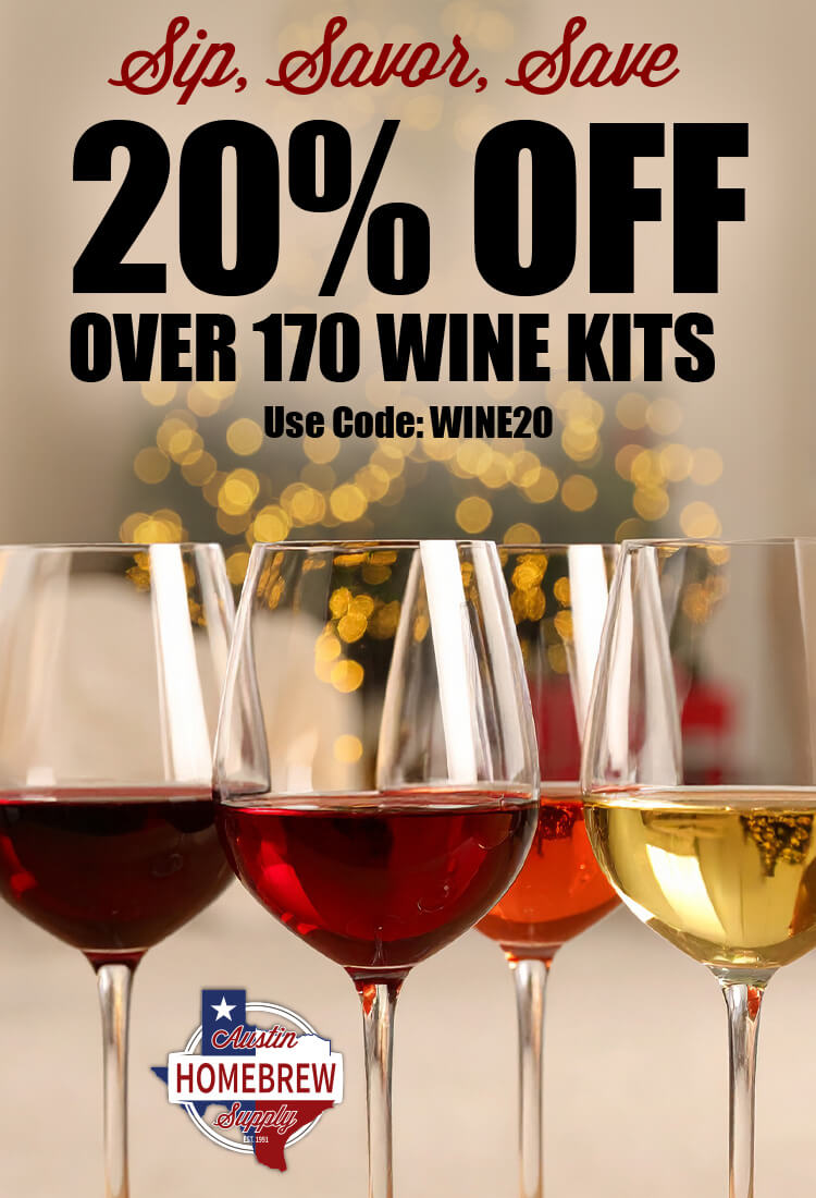 Promotional advertisement for a 20% off offer on wine kits with three glasses of wine and blurred lights in the background.