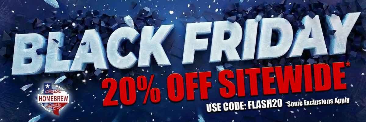 Black Friday sale banner with 20% off sitewide offer on a dark blue background.