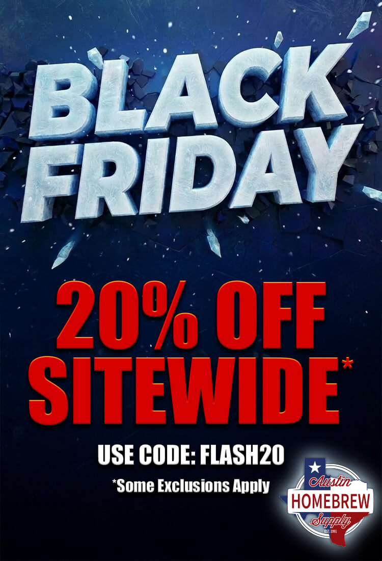 Black Friday sale advertisement with 20% off sitewide offer on a dark blue background.