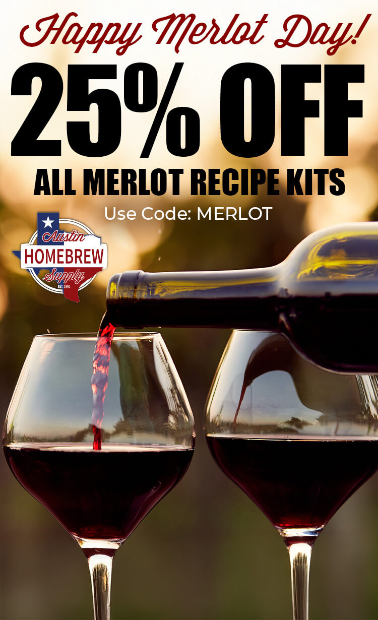 Advertisement for Merlot Daywith two glasses of red wine and a bottle, promoting 25% off Merlot recipe kits.