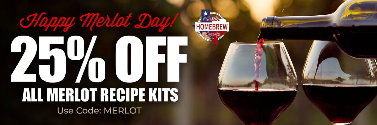 Promotional banner for Merlot Day with two wine glasses and a bottle, featuring 'Happy Merlot Day!' and a 25% discount offer.