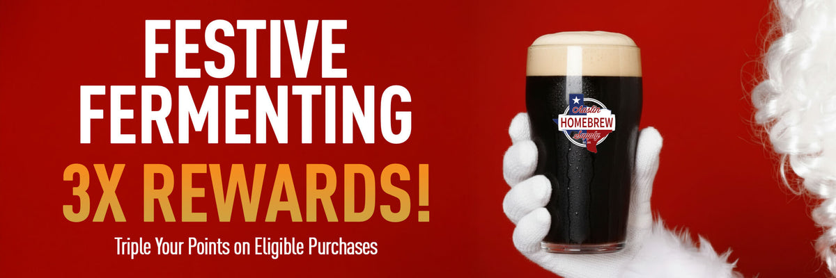 Promotional banner for festive fermenting with a glass of homebrew and text on a red background