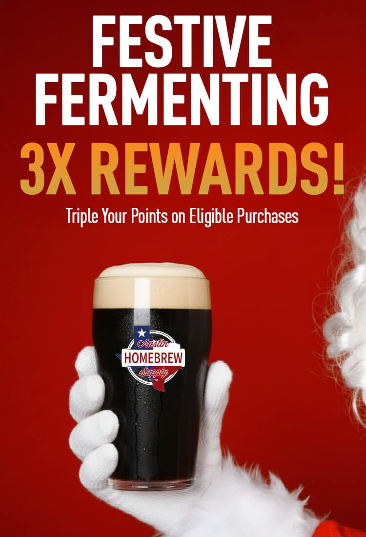 Promotional poster for 'Festive Fermenting 3X Rewards' with a glass of dark beer held by Santa against a red background.