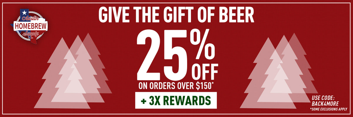 Promotional banner for Homebrew with text 'Give the gift of beer' and '25% off on orders over $150 + 3x rewards'.
