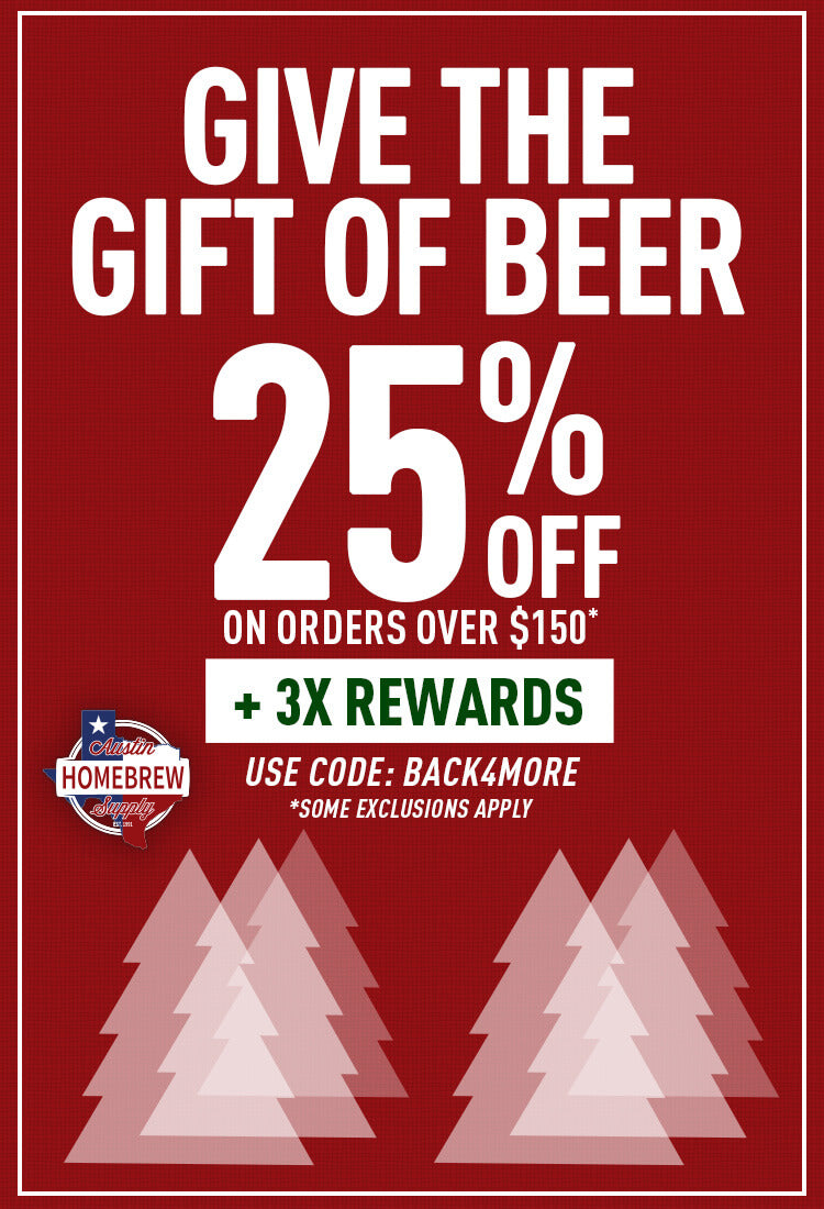 Promotional poster for a beer store with text and Christmas trees on a red background