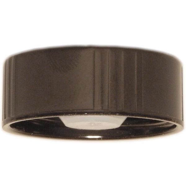Twenty eight millimeter black Poly Seal Bottle Screw Cap tilted at an angle as to show the rubber seal underneath