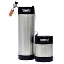 5 gallon keg with mini regulator attached and a 1.75 gallon keg next to it