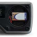 Close-up of the open battery compartment on the Milwaukee MA884 refractometer with a 9V battery installed