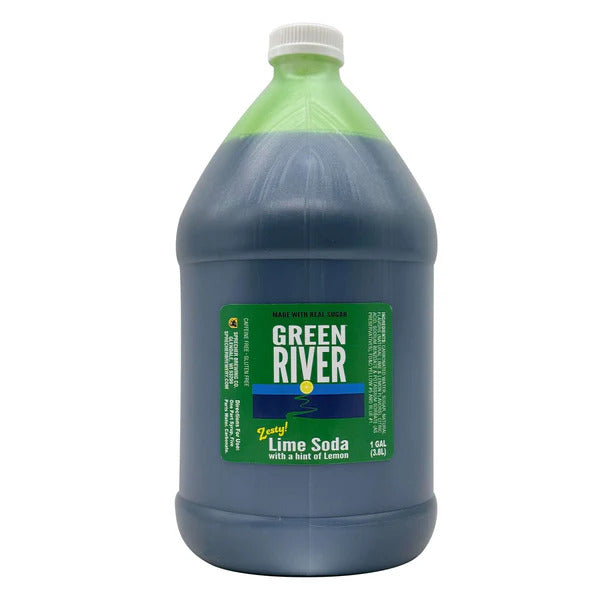 A gallon jug of Sprecher lime soda concentrate.