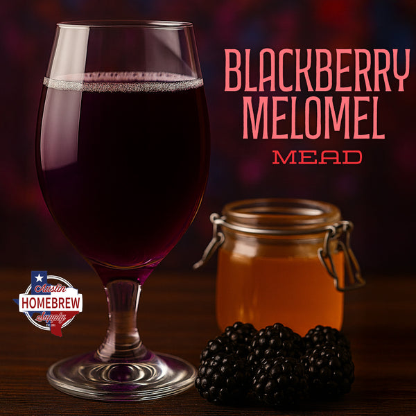 Glass of blackberry mead with a jar of honey and blackberries on a dark background, featuring 'Blackberry Melomel Mead' text.