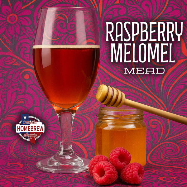 Glass of raspberry mead with honey and raspberries on a patterned background, featuring the Chubbs Homebrew logo.