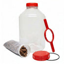 Clear fermentor with mesh bag filled with oak chips, lid remover, black o-ring, red lid