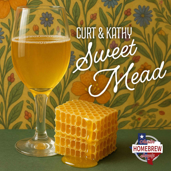 Glass of mead with honeycomb and floral background, featuring 'Curt & Kathy Sweet Mead' and Austin Homebrew.