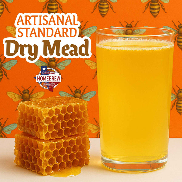 Glass of dry mead next to honeycomb with 'Artisanal Standard Dry Mead' branding on an orange background with bee illustrations.