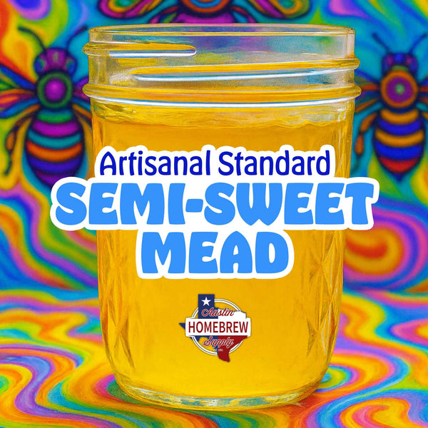 Jar of Artisanal Standard Semi-Sweet Mead with colorful background