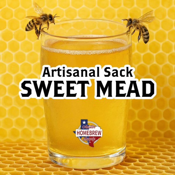 Glass of sweet mead with bees on a honeycomb background, featuring 'Artisan Sack Sweet Mead' text.