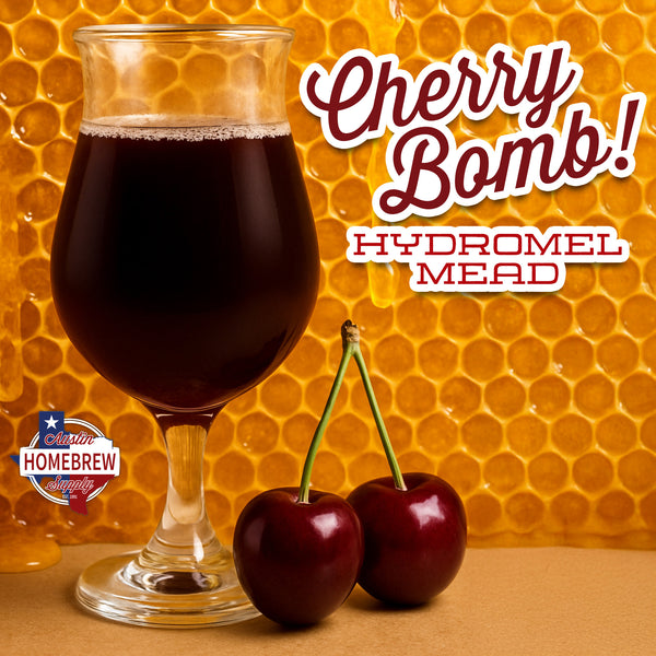 Glass of cherry hydromel mead with cherries on a honeycomb background, featuring 'Cherry Bomb! Hydromel Mead' text.
