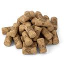 Pile of wine corks with grapevine illustrations, used for sealing bottles in home wine making.